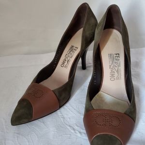 Salvatore Ferragamo Army Green Suede Heels SZ 38.5